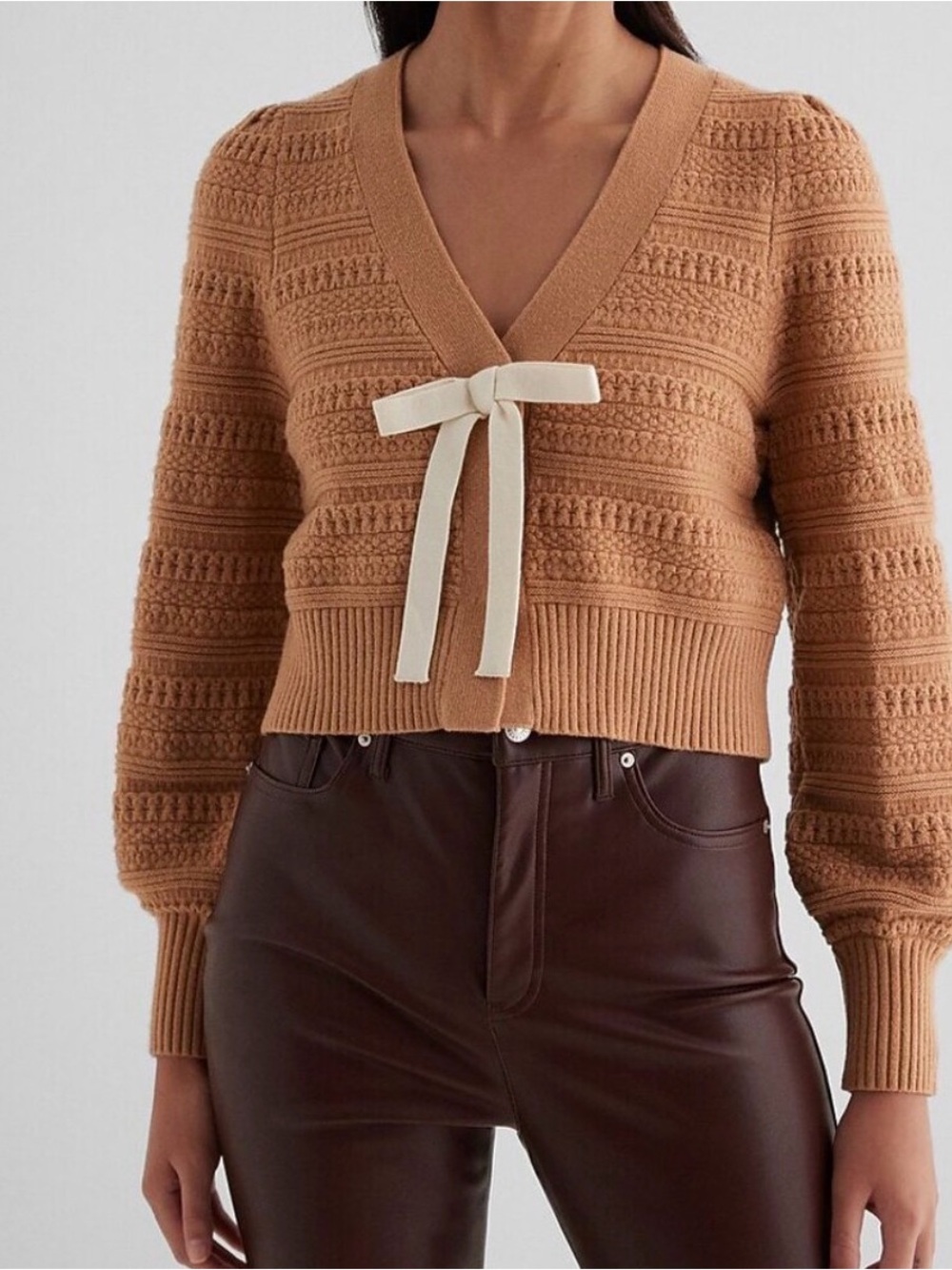 Express Camel Textured Knit Bow Front Puff Sleeve Cropped Cardigan Sweater M